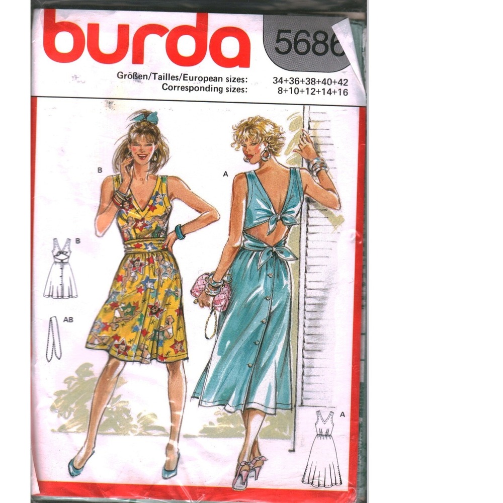 Burda 5686 Sewing Pattern Misses Sundress Tie Back Button Front Size 8-16 Vtg